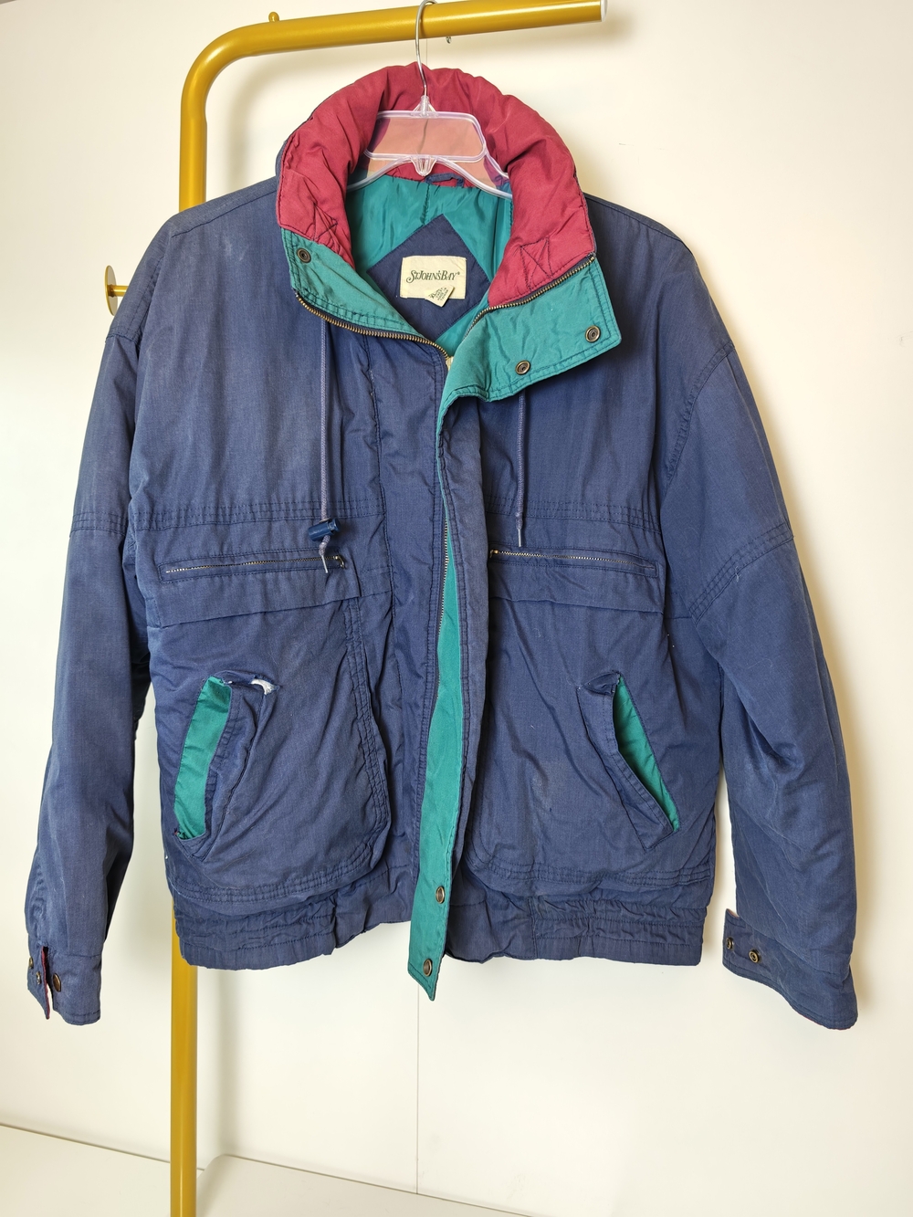 Vintage 90s St Johns Bay Navy Puffer Jacket Teal Burgundy Trim Mens XL RN 11935